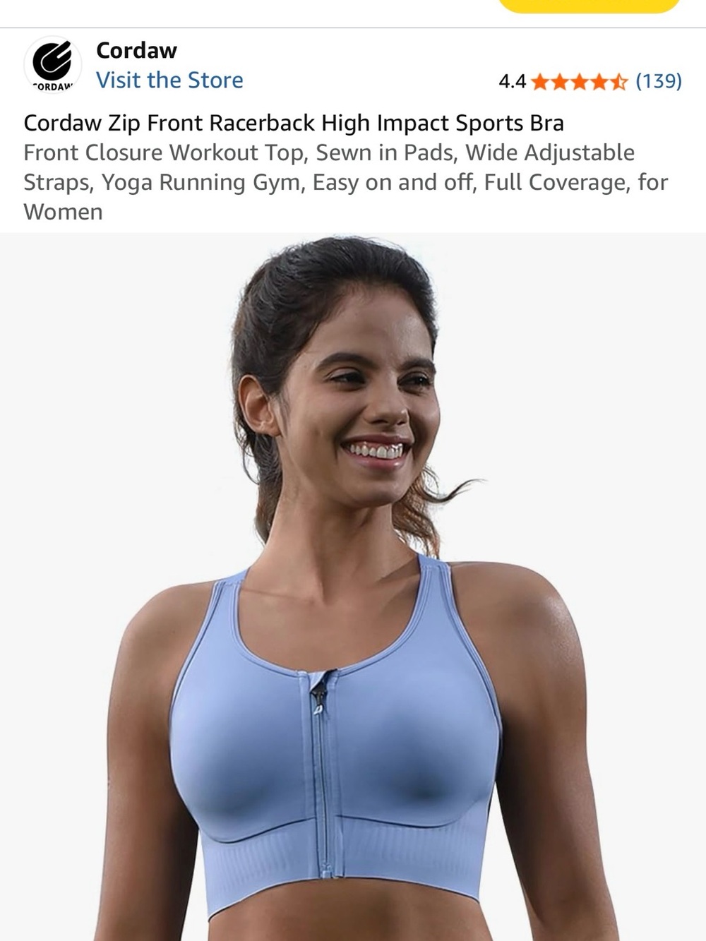 Light Blue Zip-Front Racerback High Impact Sports Bra